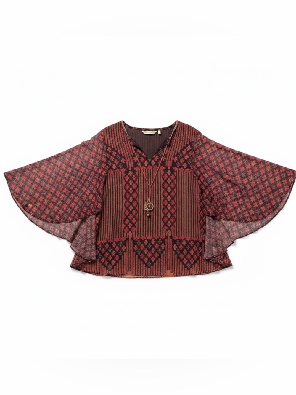 Soft Surroundings Women’s Chiffon Blouse Boho Tassel Beaded Collar Top Small